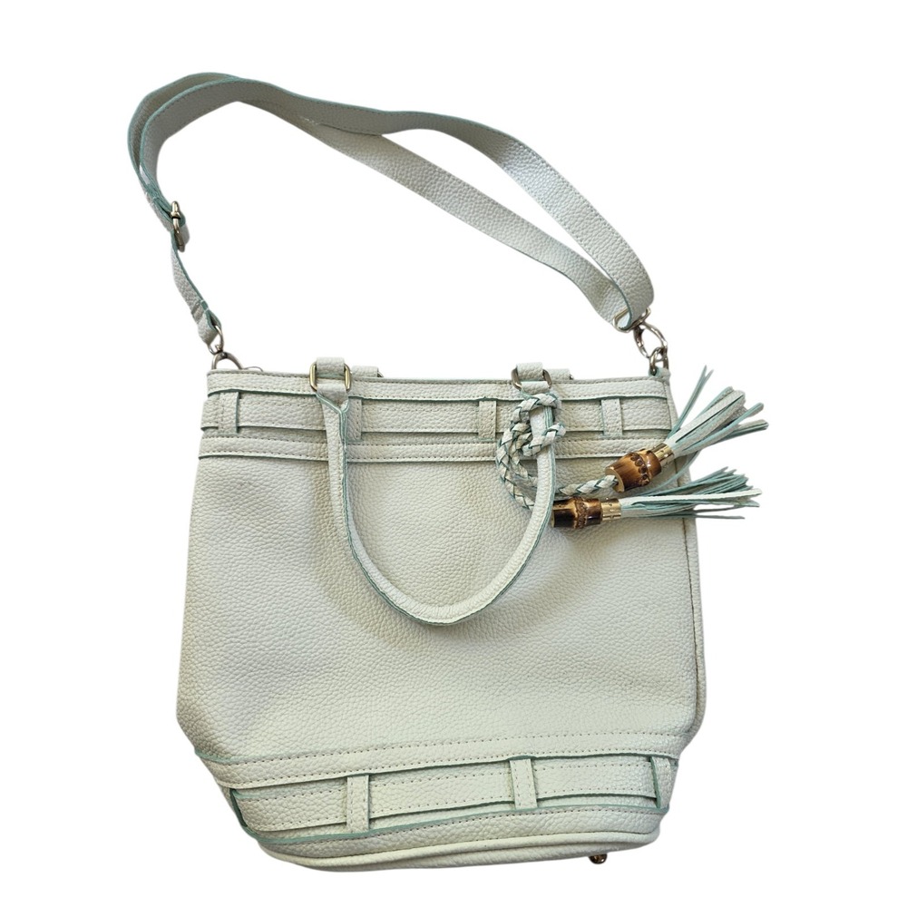 Pebbled Leather Tote Bag Mint Green Bamboo Tassel Crossbody Handbag - Picture 10 of 11